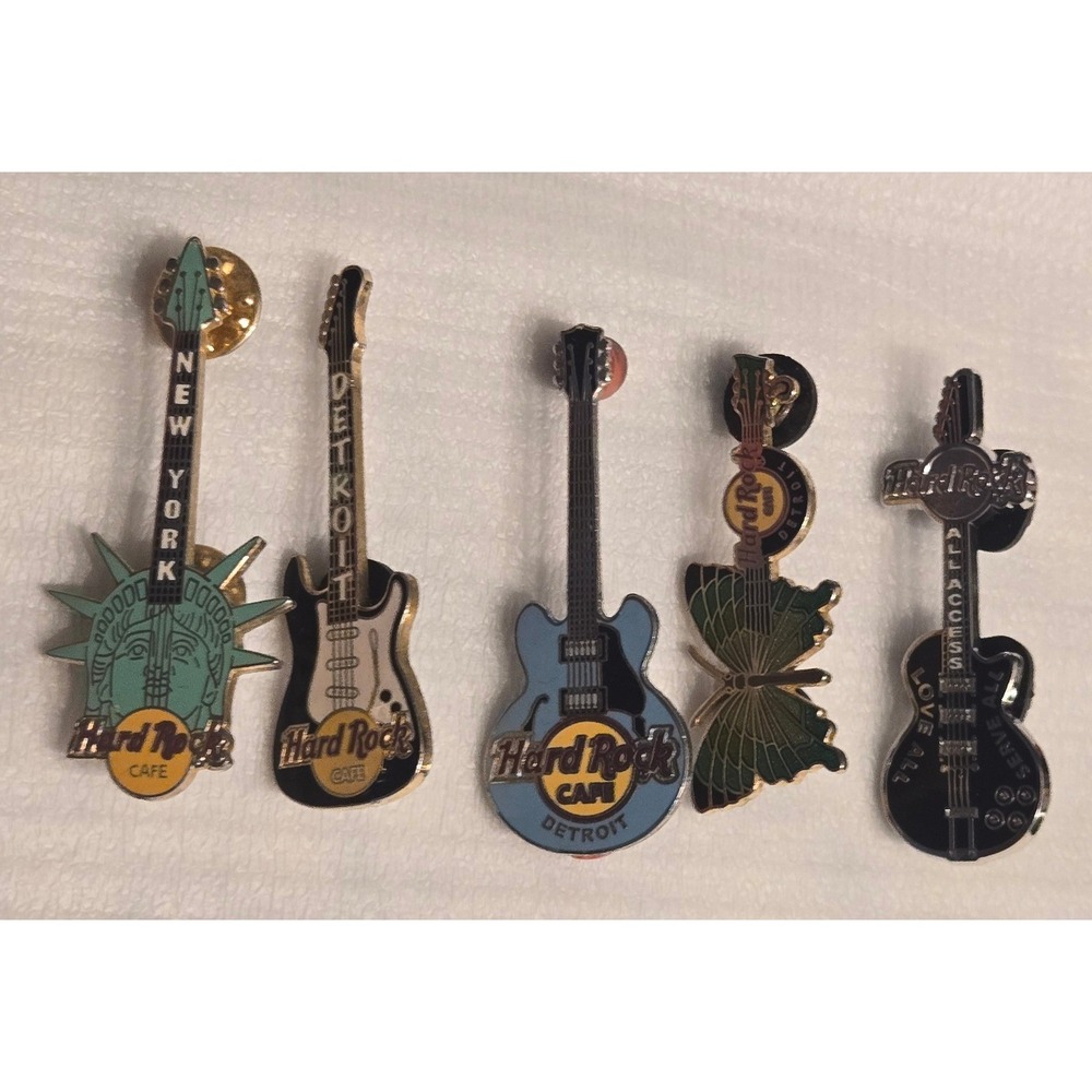 Hard Rock Cafe Vintage Guitar Enamel Lapel Pins Lot Detroit New York 5 Piece